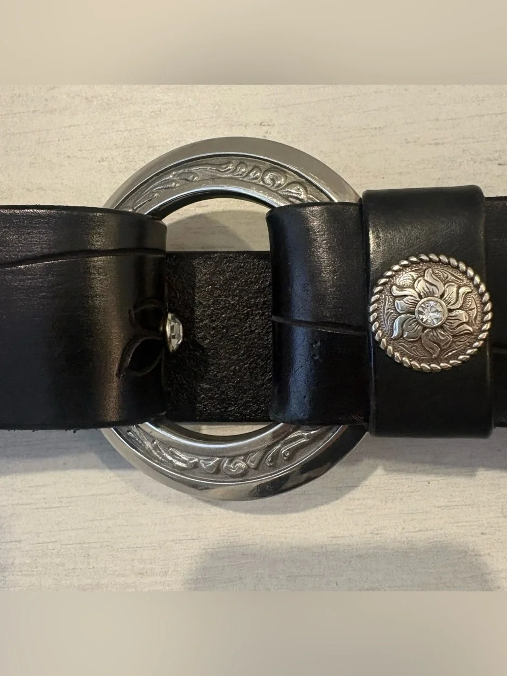 Vtg Al Stohlman Black Leather Belt Floral Rhinestone Western Boho Cowgirl Rodeo